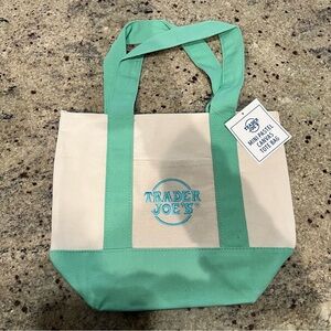 NEW Trader Joe's Cream Mini Canvas Tote with Mint Green Accents
